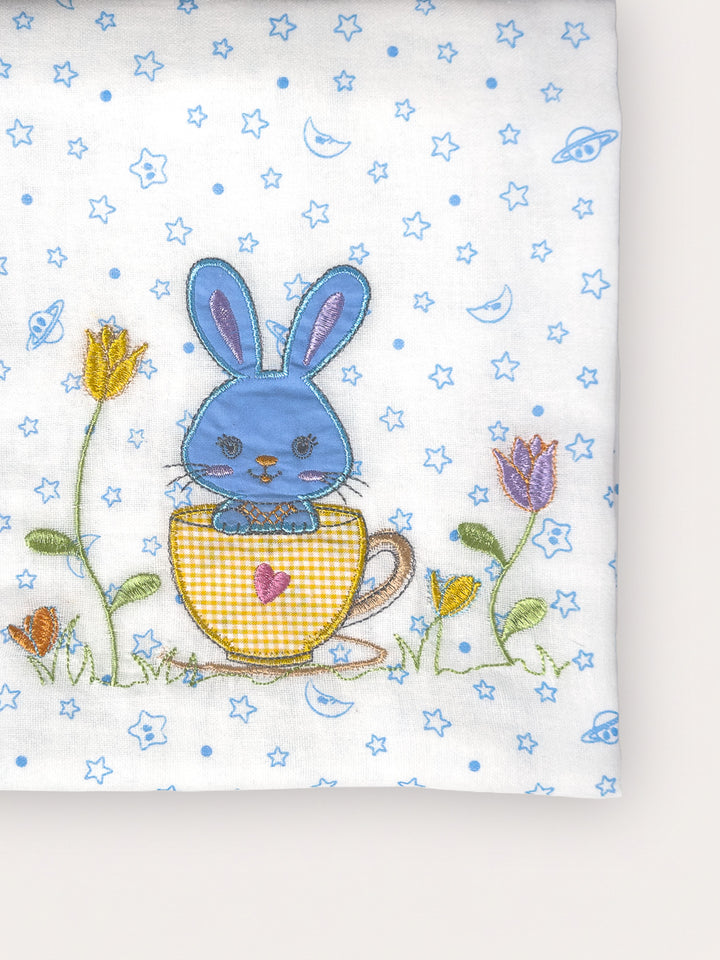 Printed Embroidered Bath Towel in Blue